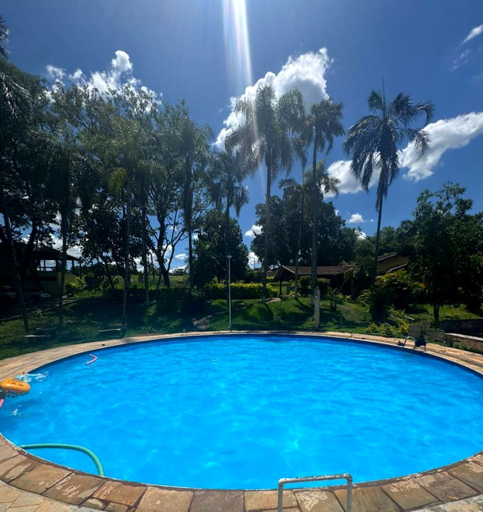 Piscina externa cercada por árvores e palmeiras
